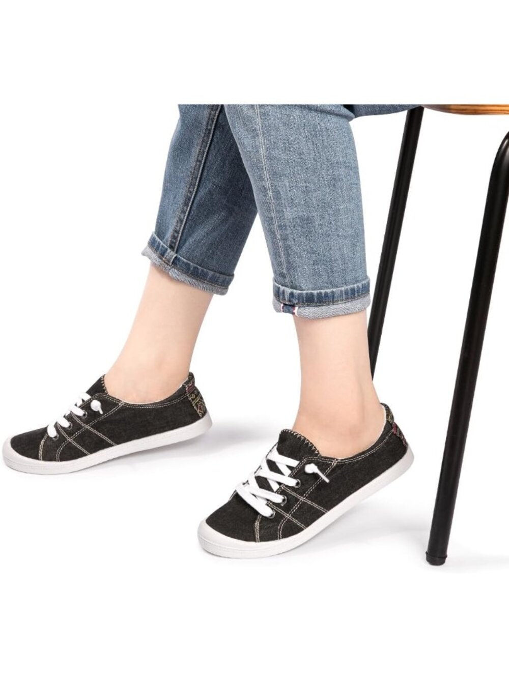 Women's Black Slip On Canvas Low Top Breathable Casual Classic Flat Sneakers - Picture 2 of 6
